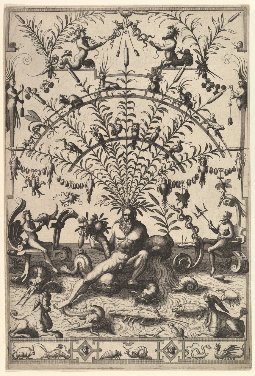 Modern grotesk dekoration med en flodgud, 1557. av Johannes van Doetecum I