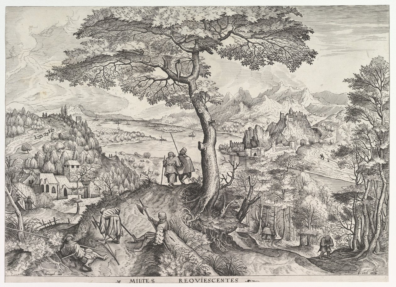 Soldiers at Rest Milites requiescentes from The Large Landscapes, ca. 1555-56. av Johannes van Doetecum I
