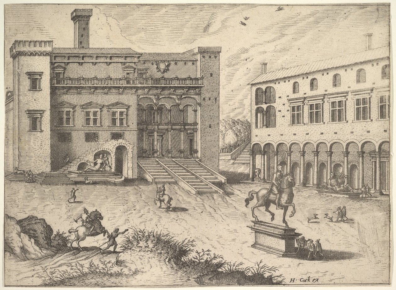 Utsikt över Campidoglio på Capitoline Hill, med ryttarstatyn nere till höger, från..., 1562. av Johannes van Doetecum I