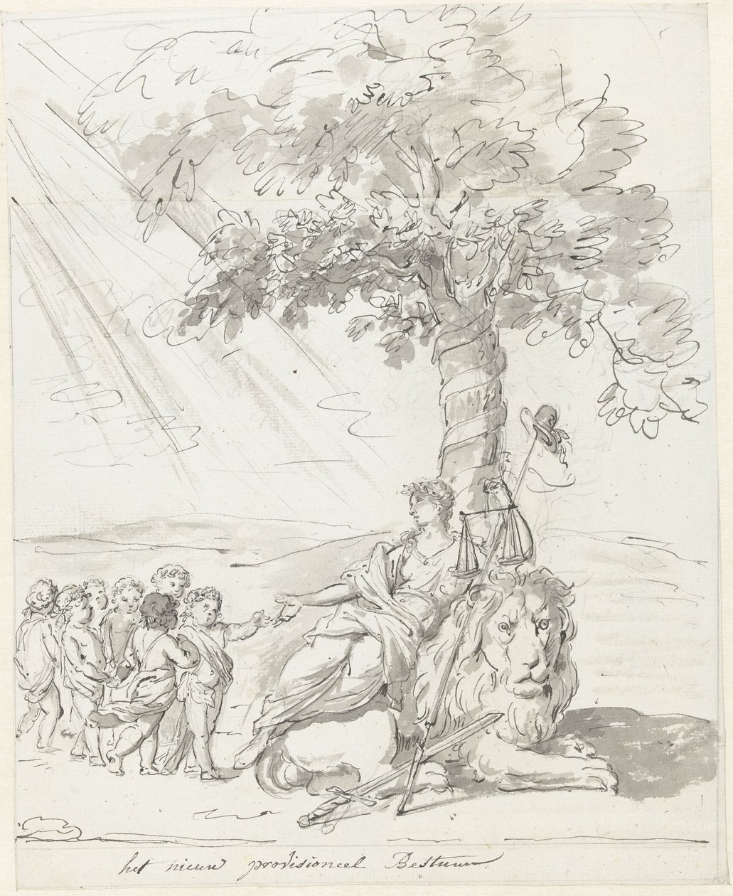 Folkets regering etablerad, dekoration på Amstelveld, 1795 Den nya provisoriska styrelsen (titel på objekt) av Johannes van Dregt (rejected attribution)