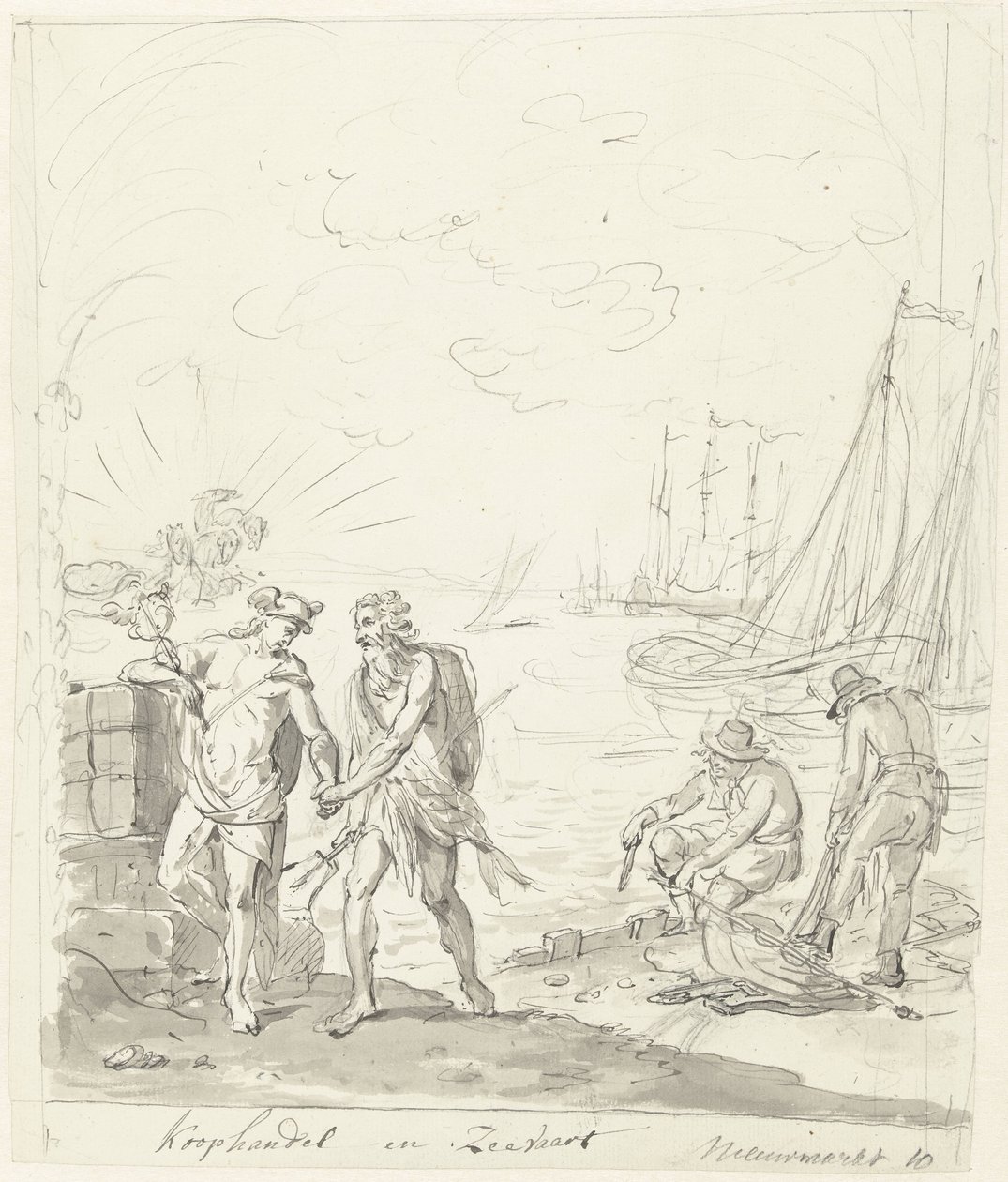 Handel och sjöfart, dekoration på Nieuwmarkt, 1795 Handel och frakt (titel på objekt) av Johannes van Dregt (rejected attribution)