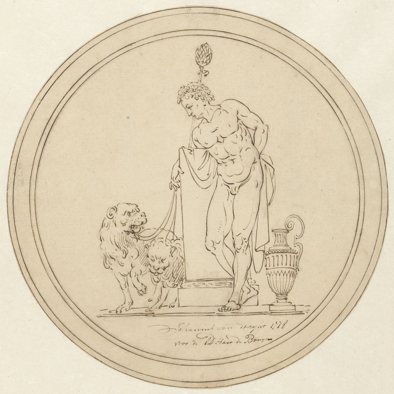 Allegorisk mansfigur, stående med två lejon av Johannes van Dregt