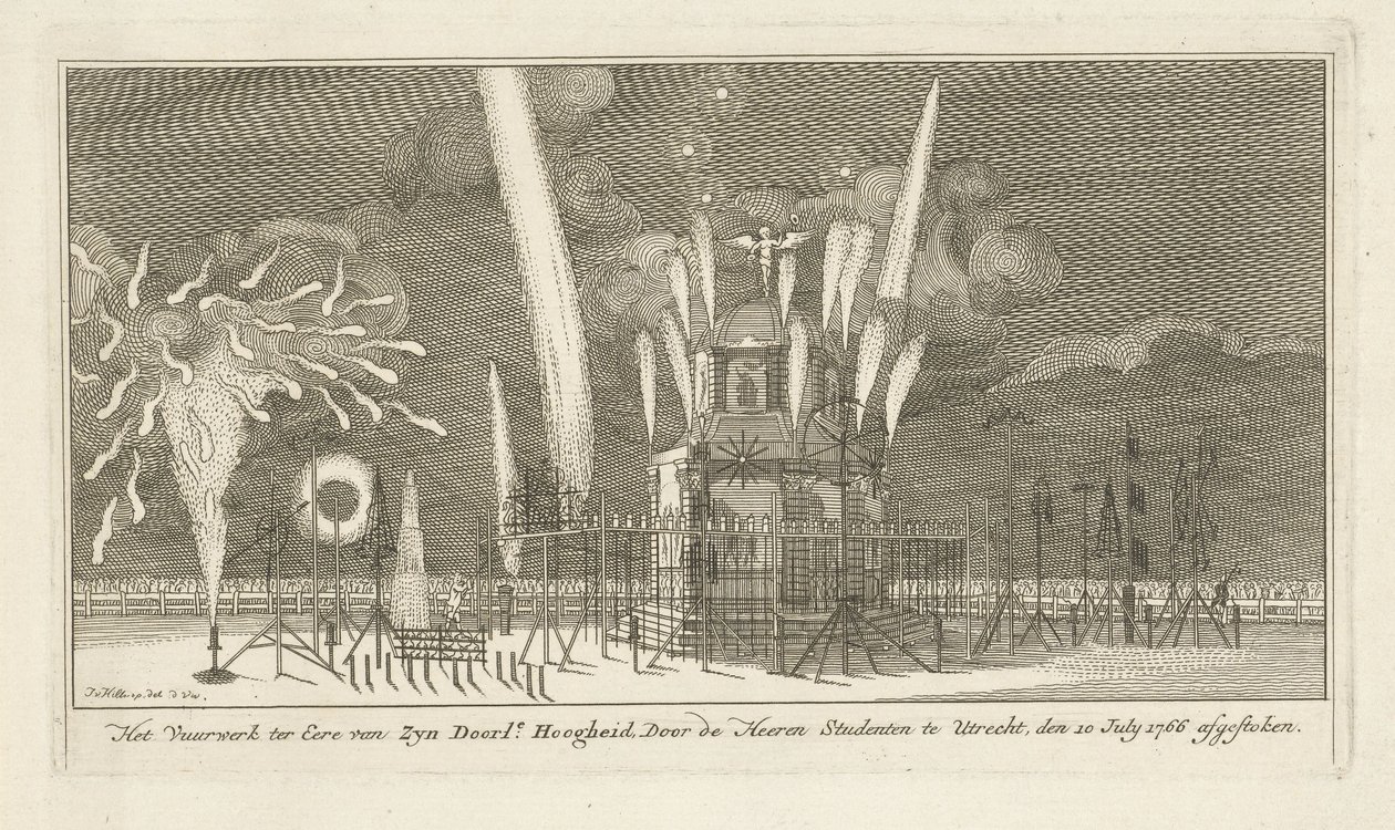 Fyrverkerier vid en paviljong The Fireworks in Honor of Zyn Doorl.e Highness (titel på objekt) av Johannes van Hiltrop