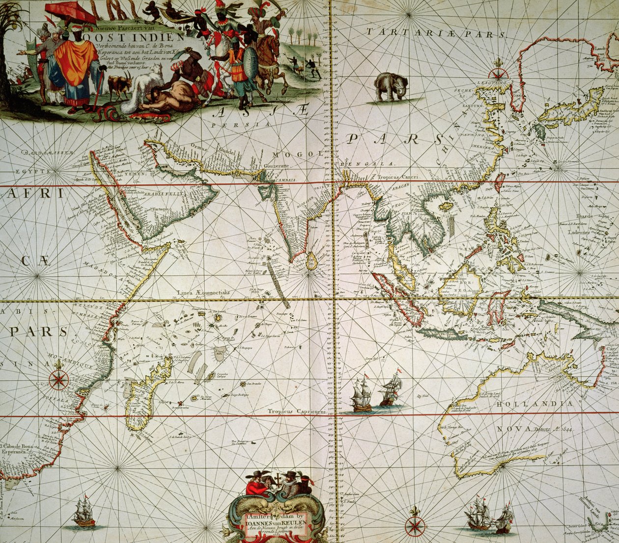 Karta över Afrika, Indien, Indiska oceanen och Ostindien av Johannes van Keulen