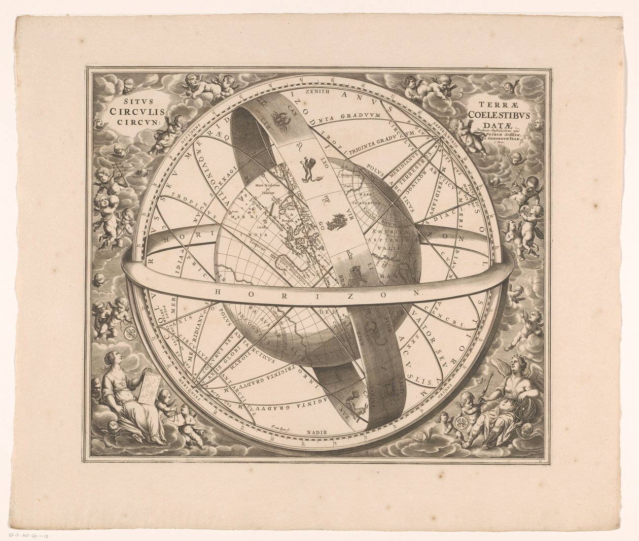 Hemelkaart av jorden enligt Ptolemaeus system Jordens position omgiven av himmelska cirklar (titel på objekt) av Johannes van Loon