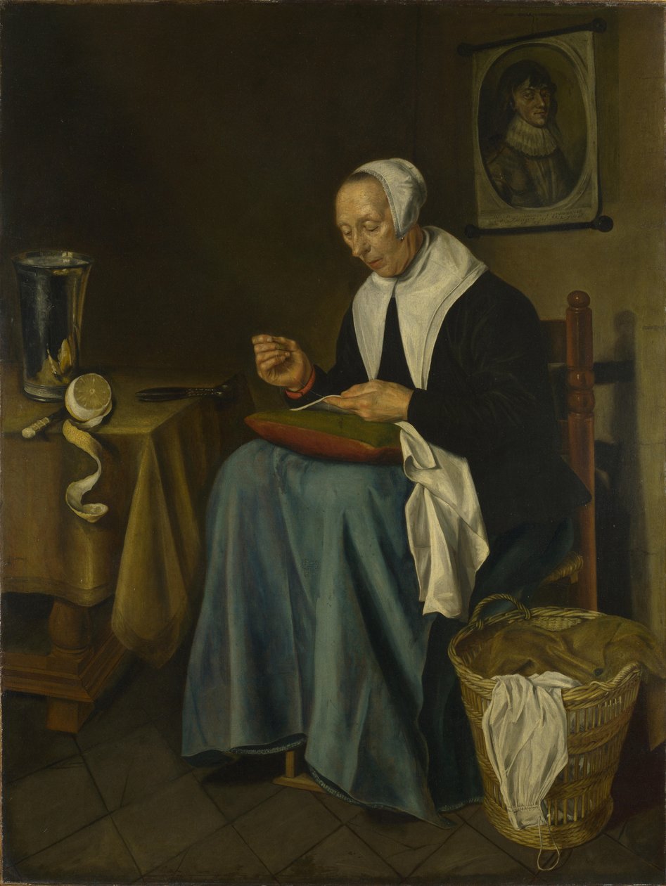En gammal kvinna sittande sömnad, 1655 av Johannes van der Aeck