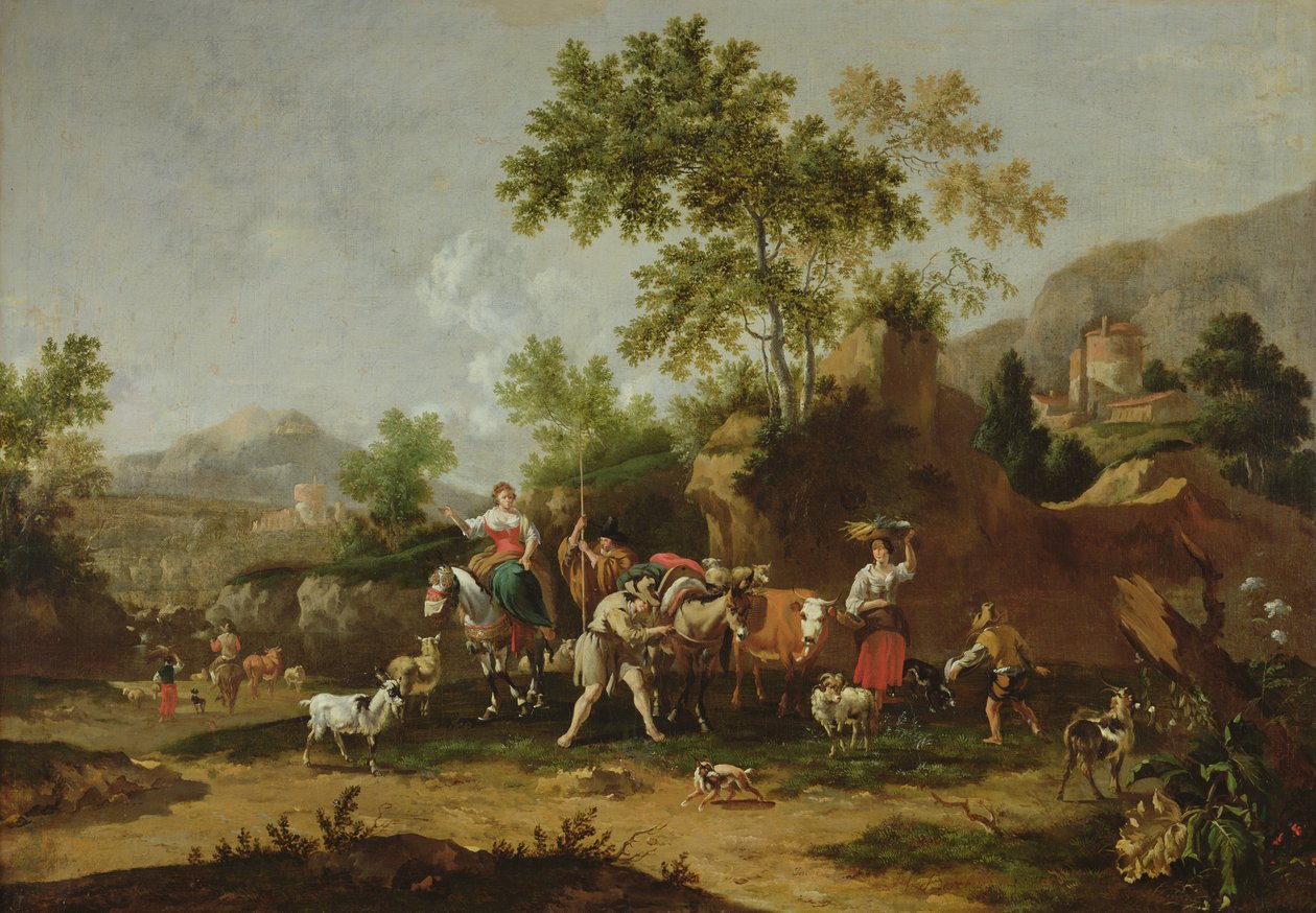 Italienskt landskap med figurer och djur av Johannes van der Bent