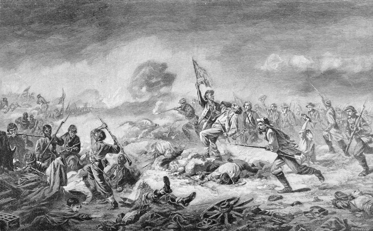 Slaget vid kratern, graverad av Ernst Heinemann (1848-1912), illustration från "Battles and Leaders of the Civil War", redigerad av Robert Underwood Johnson och Clarence Clough Buel av John Adams Elder