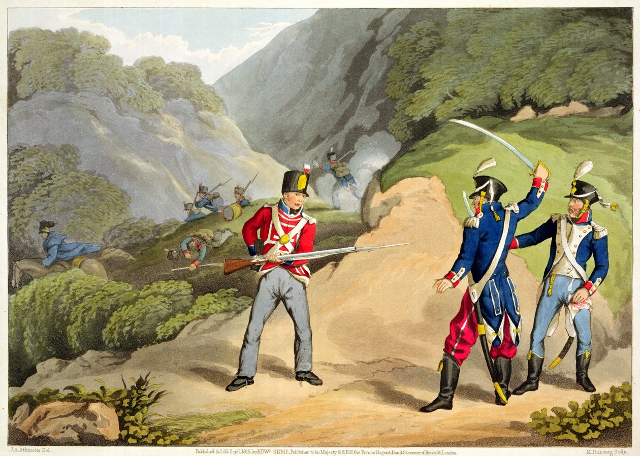 En brittisk soldat som tar två franska officerare i slaget vid Pyrenéerna, graverad av Matthew Dubourg (fl.1813-20) från "Historic, Military and Naval Anecdotes", utgiven av Edward Orme (1774-c.1820) 18 av John Augustus Atkinson