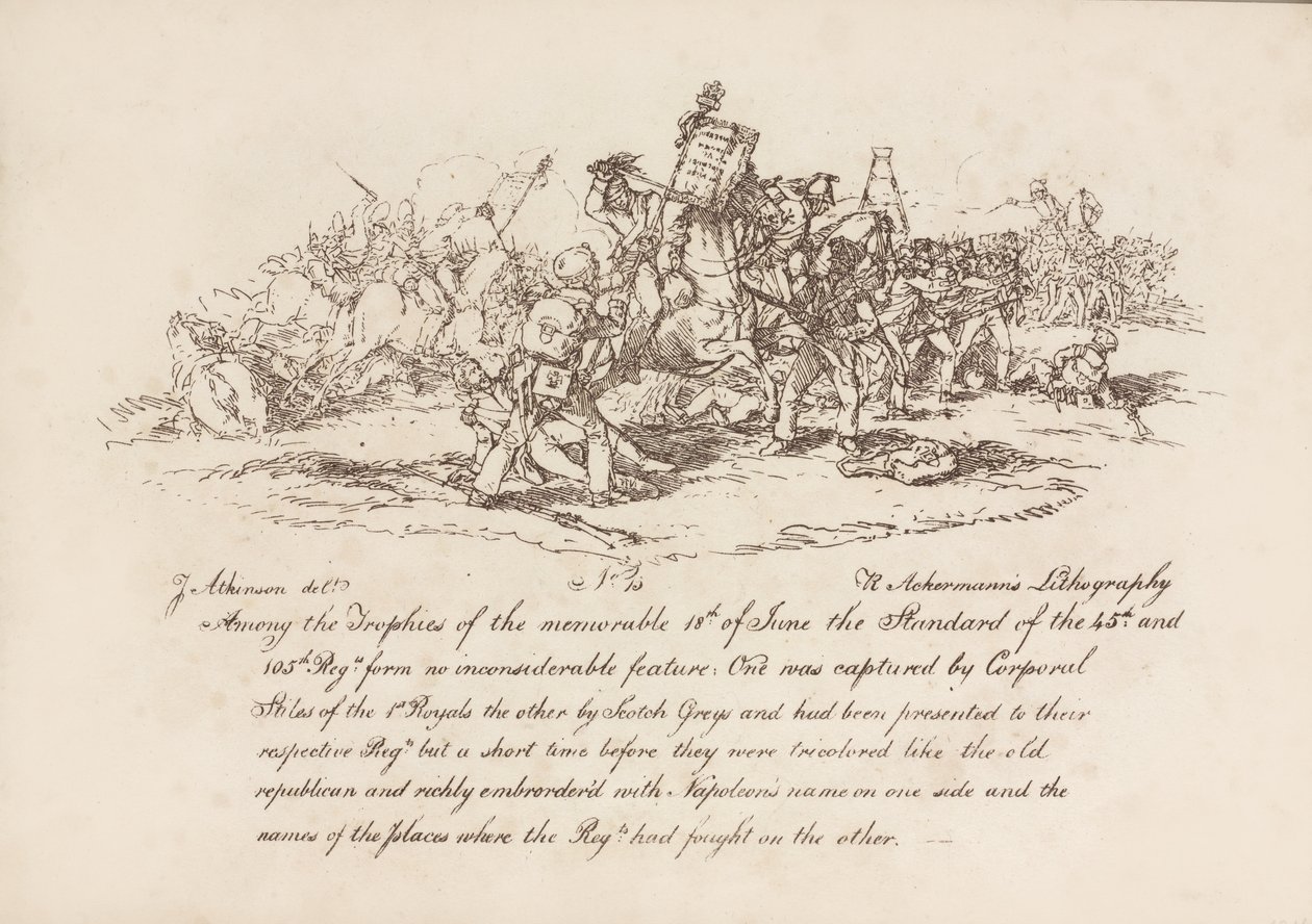 Korpral Stiles från 1st Royals och Scotchy Greys som fångar standarderna för de 45:e och 105:e regementena vid slaget vid Waterloo, 18 juni 1815, litografi av R. Ackermann, 1815 av John Augustus Atkinson