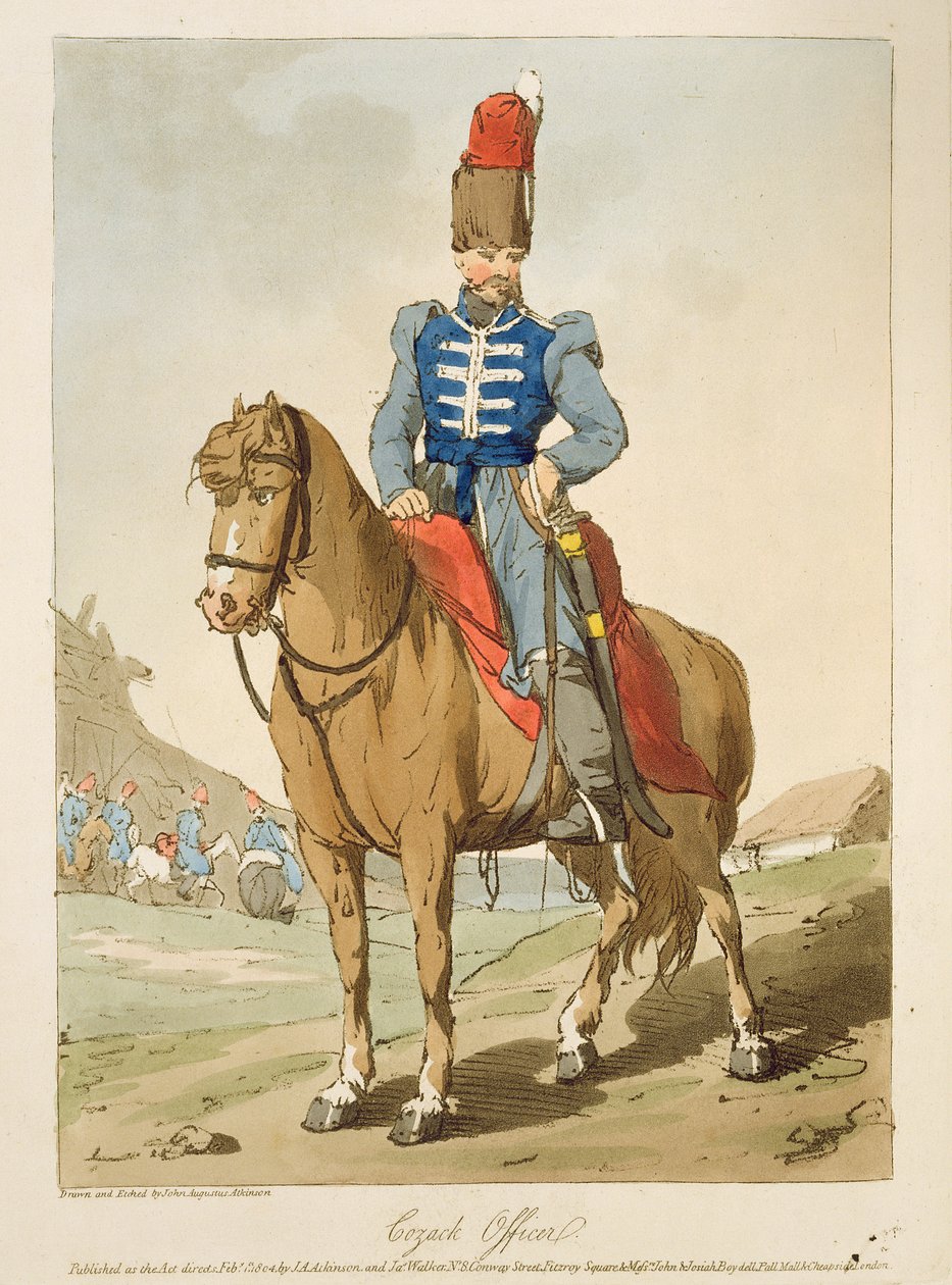 Cossack Officer, etsad av konstnären, publicerad 1804 av John Augustus Atkinson