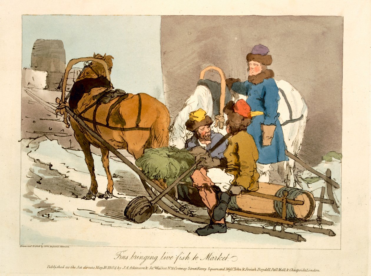 Fenor som för levande fisk till marknaden, etsad av konstnären, publicerad 1804 av John Augustus Atkinson