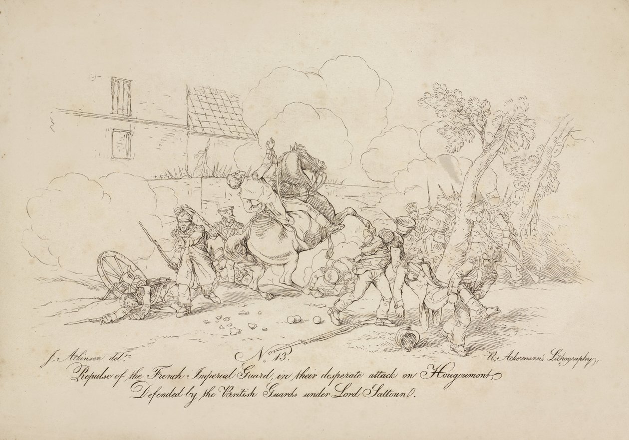 Repulsion av det franska kejserliga gardet, i deras desperata attack på Hougoumont, försvarade av de brittiska vakterna under Lord Saltoun, litografi av R. Ackermann, 1815 av John Augustus Atkinson