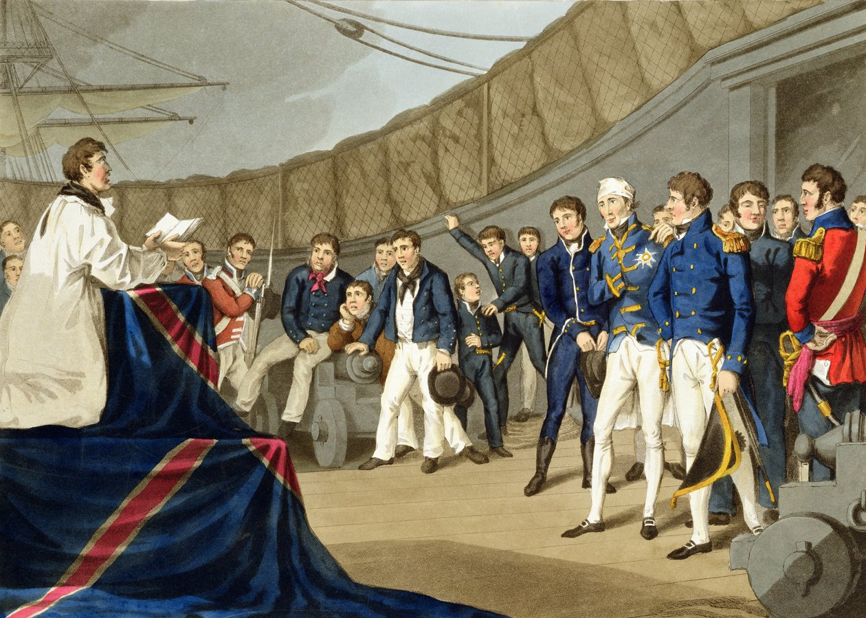 Sjömän i bön ombord på Lord Nelsons skepp efter slaget vid Nilen, graverat av John Heaviside Clark (ca 1771-1863) och Matthew Dubourg (fl.1813-20) från "Historic, Military and Naval Anecdotes". av John Augustus Atkinson
