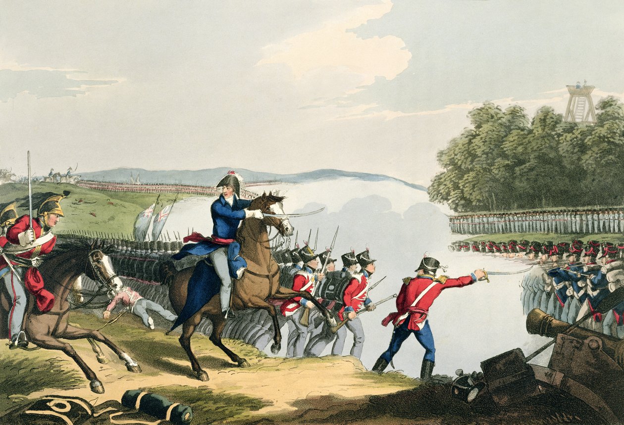 Slaget vid Waterloo avgjort av hertigen av Wellington, graverat av Matthew Dubourg (fl.1813-20) från "Historic, Military and Naval Anecdotes", utgiven av Edward Orme (1774-c.1820) 1815 (akvatint) av John Augustus Atkinson