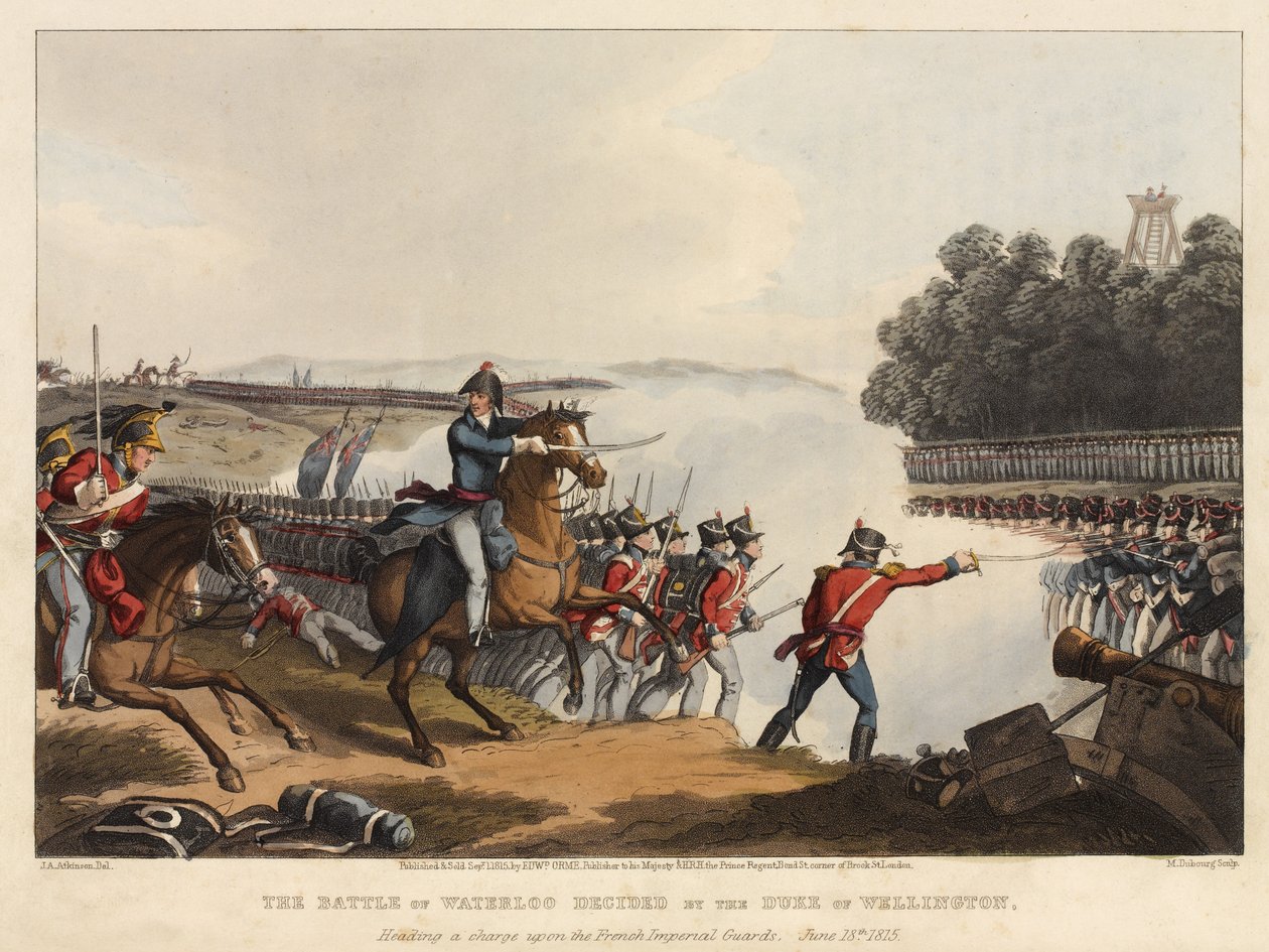 Slaget vid Waterloo, avgjort av hertigen av Wellington som leder ett anfall mot de franska kejserliga gardena, 18 juni 1815, graverat av M. Dubourg, 1819 (färgad akvatint). av John Augustus Atkinson