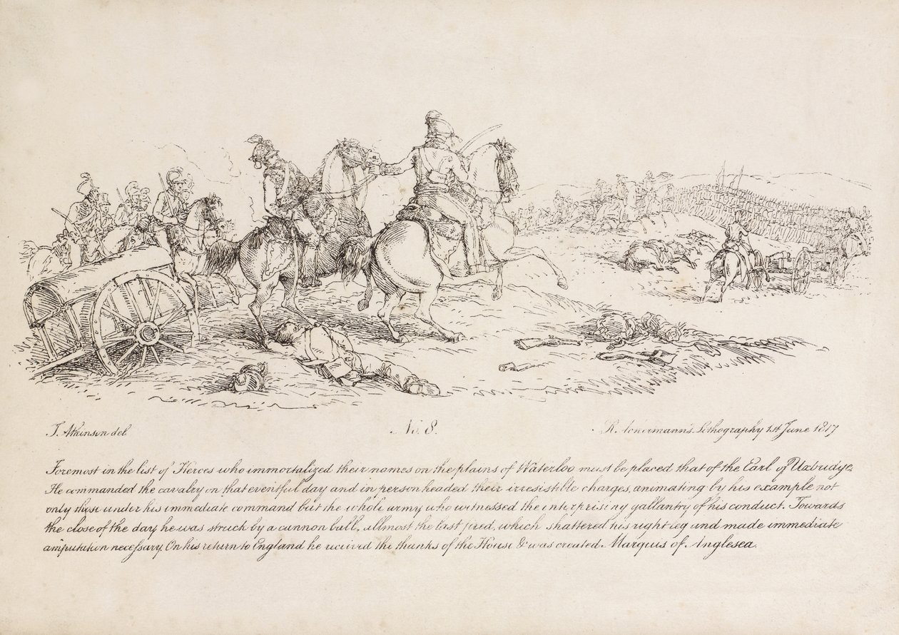 Earlen av Uxbridge leder ett anfall av kavalleri i slaget vid Waterloo, hans högra ben har just träffats av en kanonkula, litografi av R. Ackermann, 1815. av John Augustus Atkinson