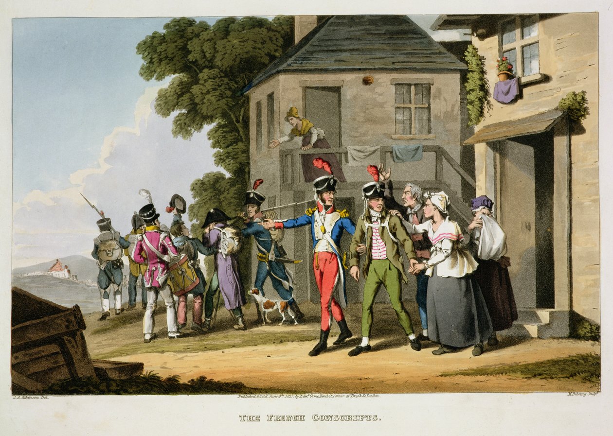 De franska värnpliktiga, graverade av Matthew Dubourg (fl.1813-20) och John Heaviside Clark (c.1771-1863) från "Historiska, militära och sjöanekdoter", pub. av Edward Orme (1774-c.1820) 1817 (akvatint) av John Augustus Atkinson