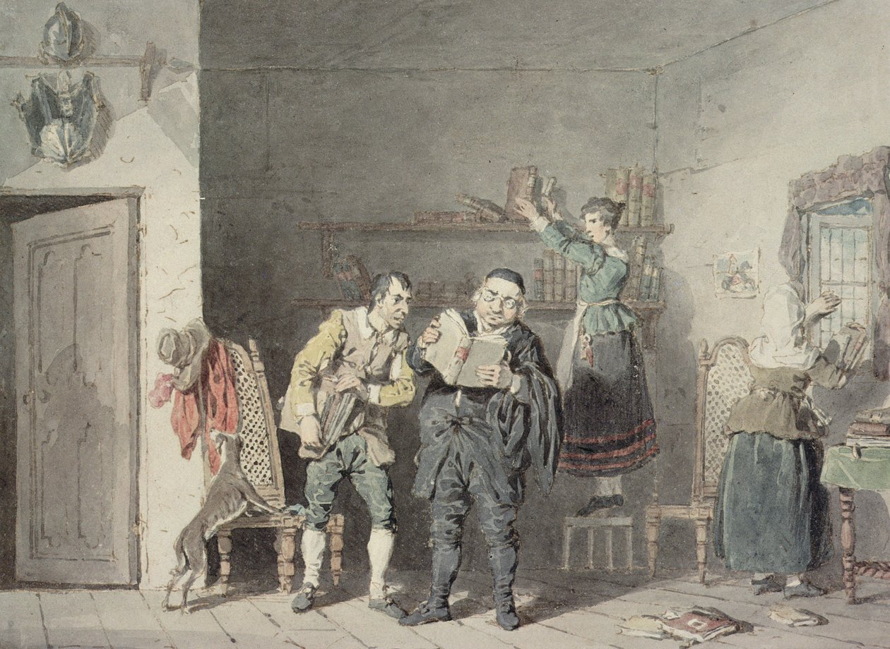 Prästen och barberaren, tillsammans med Don Quijotes hushållerska och systerdotter, rensar Dons bibliotek från ridderlighetsböcker av John Augustus Atkinson