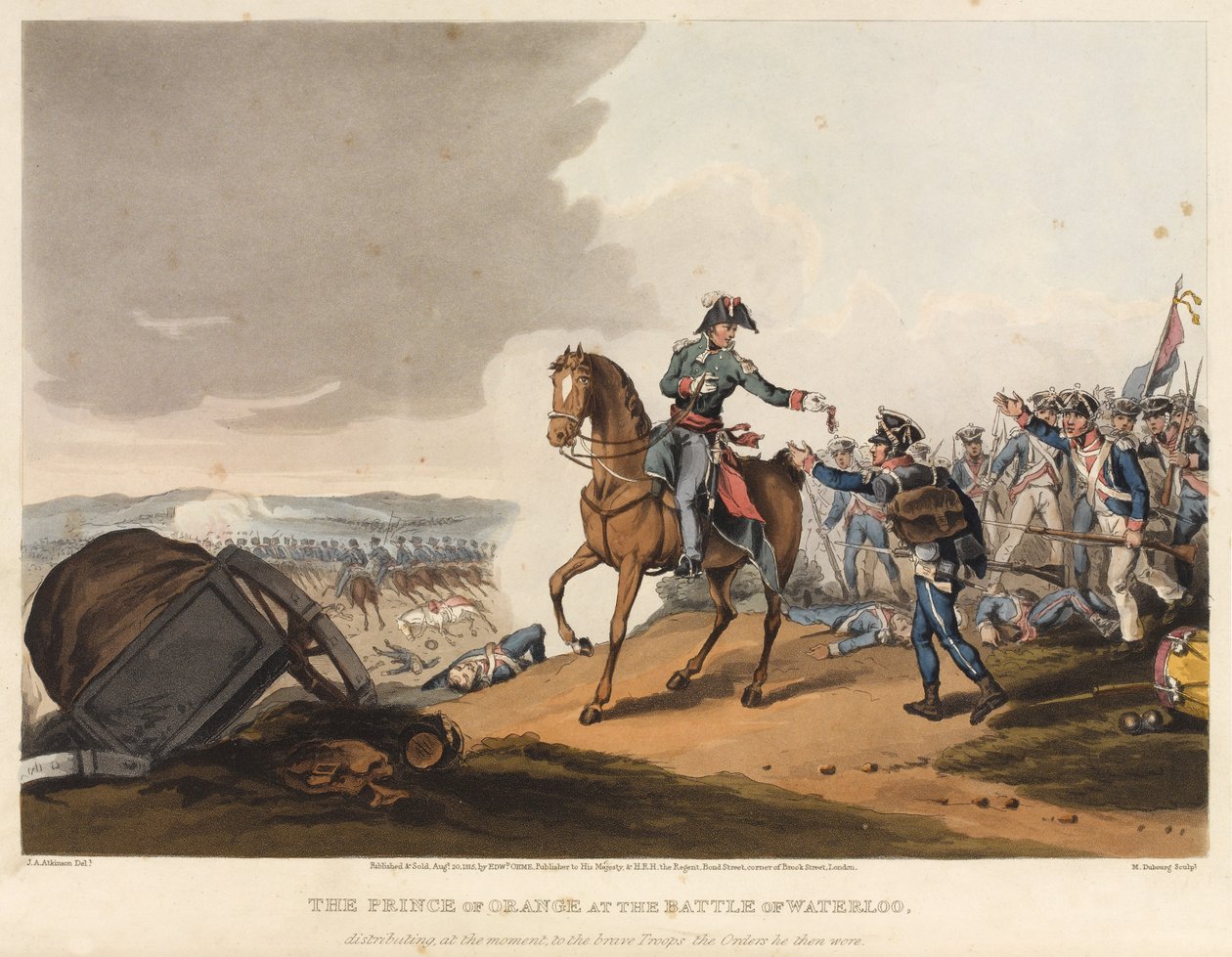 Prinsen av Orange vid slaget vid Waterloo, för tillfället delade ut de beställningar som han sedan bar, graverade av M. Dubourg, 1819 (färgad akvatint) till de tappra trupperna. av John Augustus Atkinson