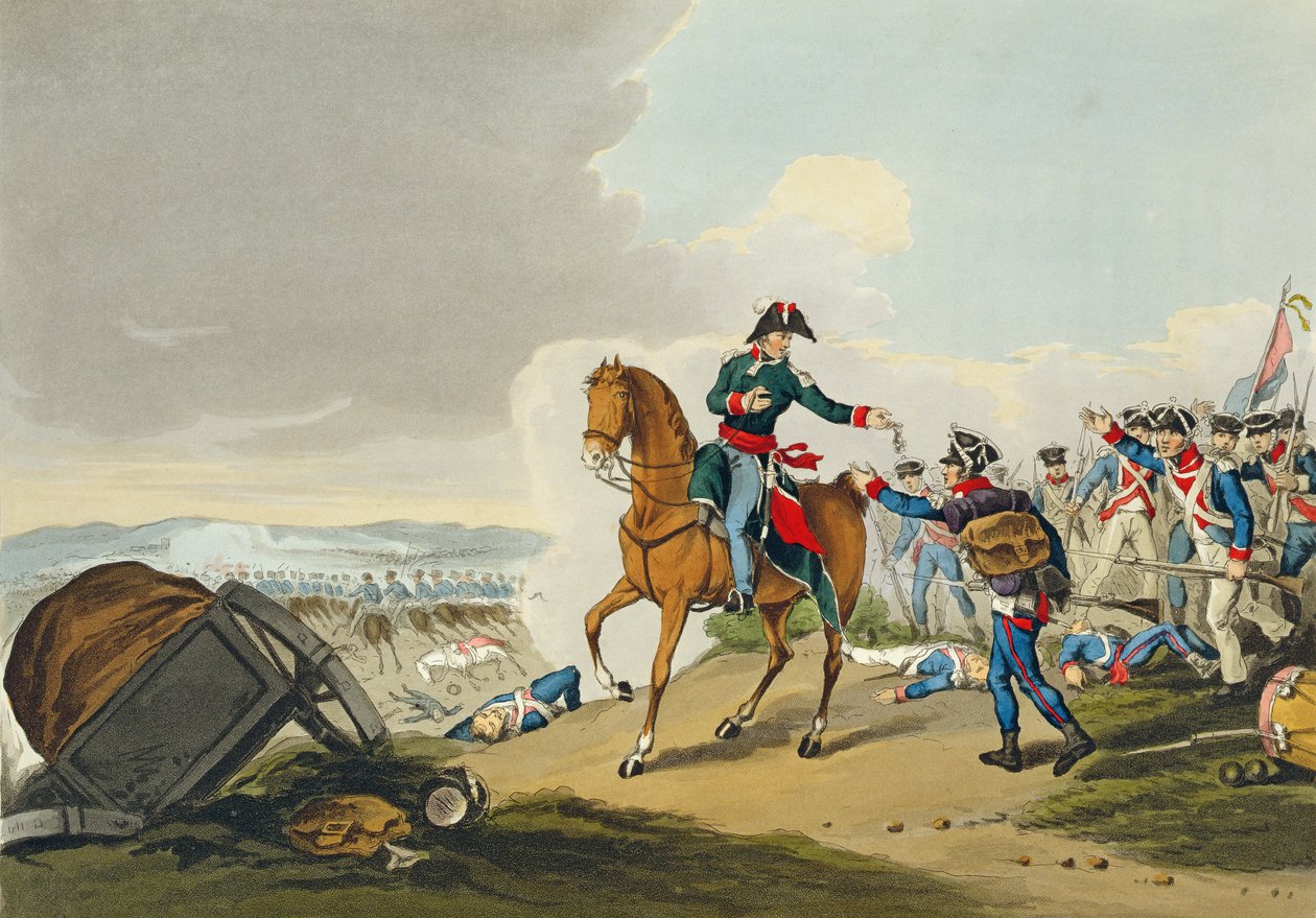 Prinsen av Orange i slaget vid Waterloo, graverad av Matthew Dubourg (fl.1813-20) från "Historiska, militära och sjöanekdoter", pub. av Edward Orme (1774-c.1820) 1815 (akvatint) av John Augustus Atkinson