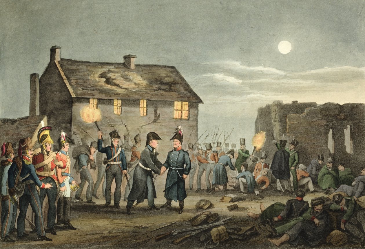 Wellington och Blucher möts av en slump i slutet av slaget vid Waterloo, graverad av Matthew Dubourg (fl.1813-20) från "Historic, Military and Naval Anecdotes", publicerad av Edward Orme (1774-c.1 av John Augustus Atkinson