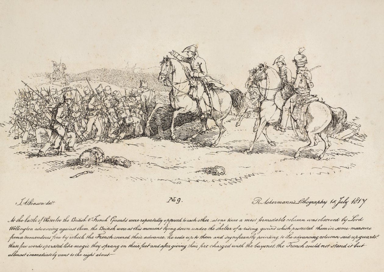 Wellington riktar en anklagelse av vakterna mot en kolonn franska vid Waterloo, litografi av R. Ackermann, 1815 av John Augustus Atkinson
