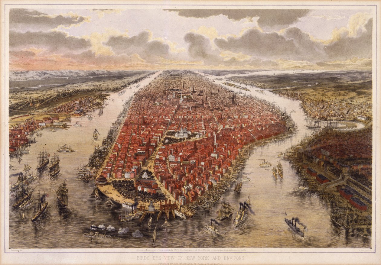Fågelperspektiv på New York och dess omgivningar, 1865 av John Bachmann