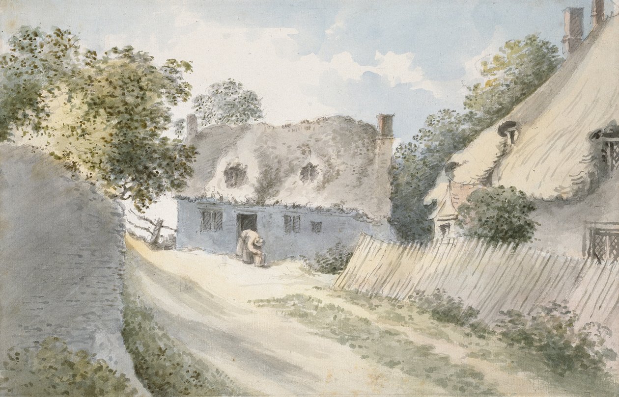 Cottages in a Village Street (akvarell över grafit, på papper) av John Baptist Malchair