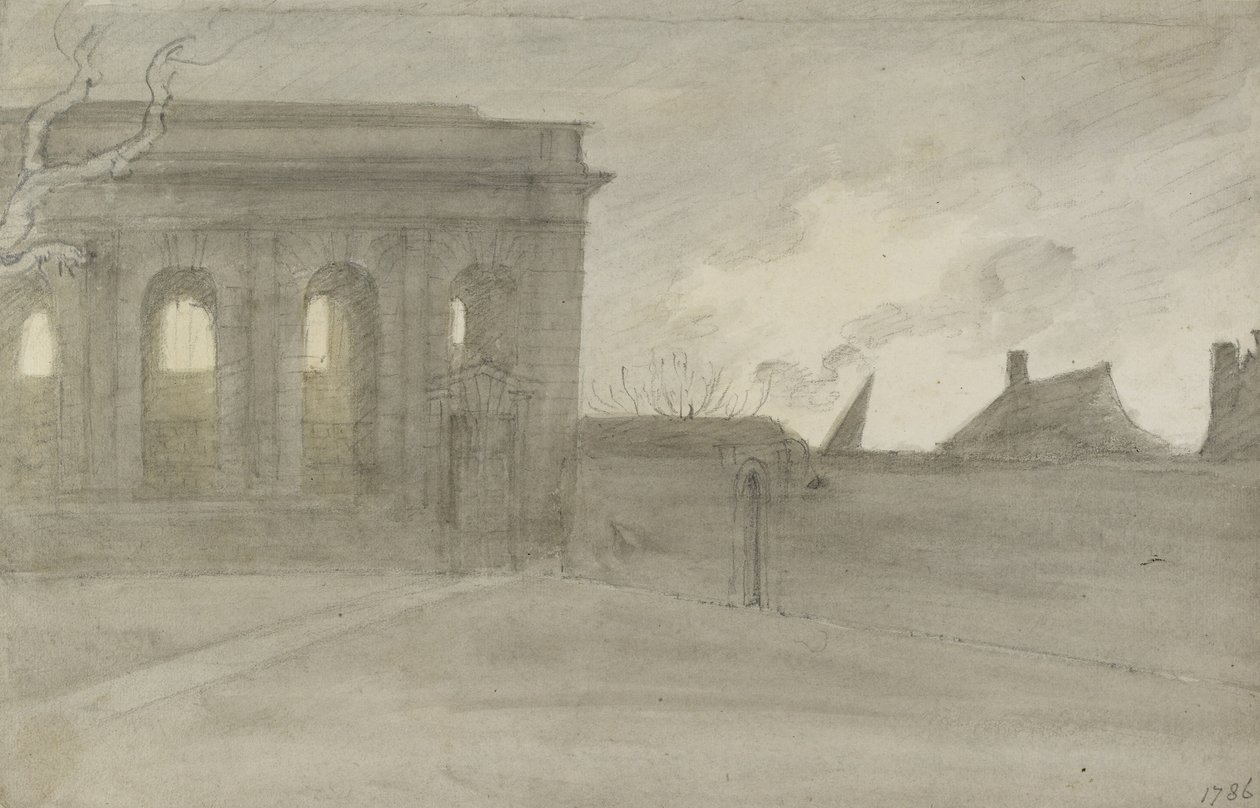 Pembroke Coll. Oxon., 9 november 1786 (grå och bistre tvättar över grafit) av John Baptist Malchair