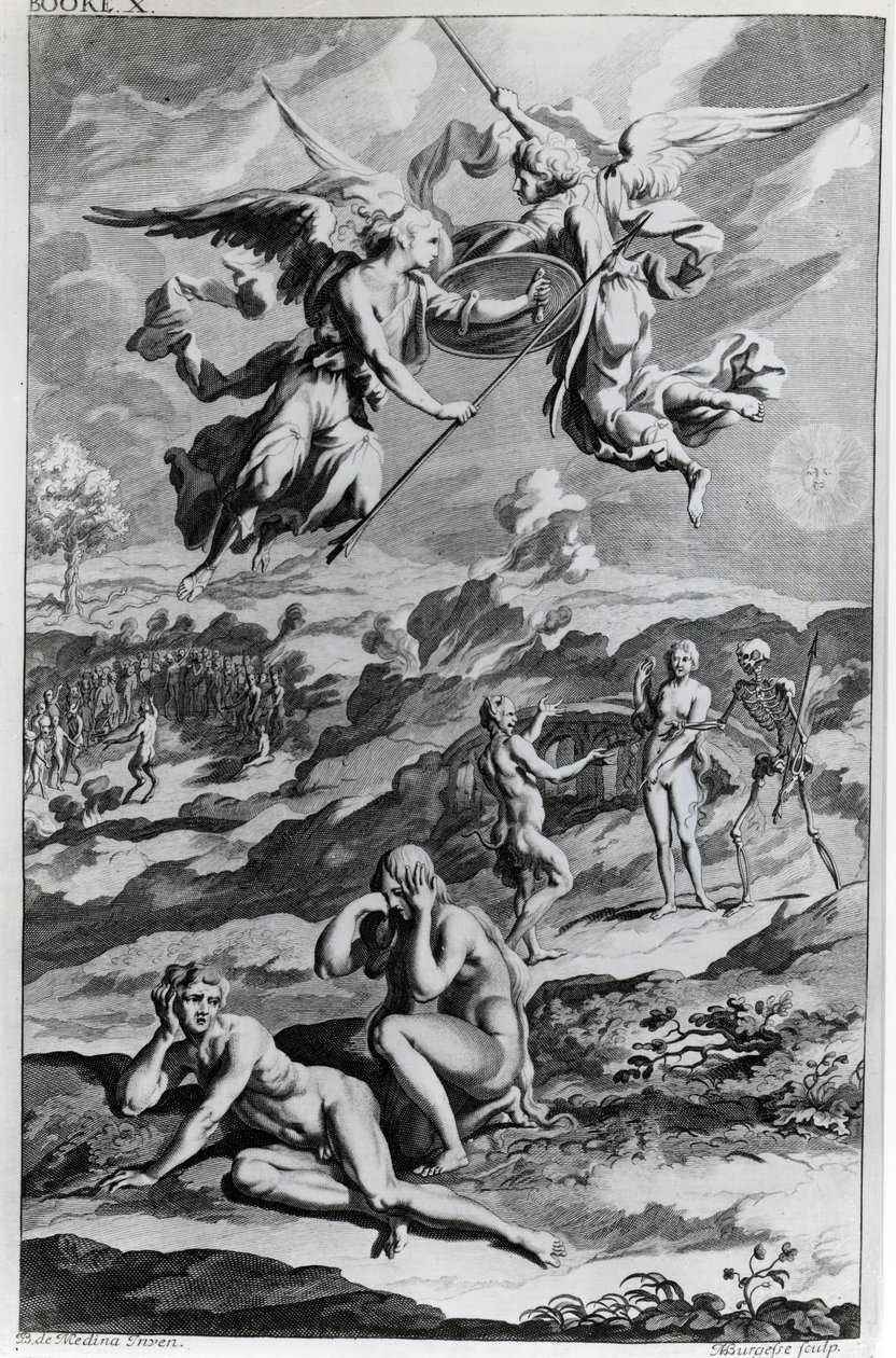 Adam och Eva efter syndafallet, illustration från John Miltons "Paradise Lost", graverad av Michael Burghers, sjätte upplagan 1695. av John Baptist de Medina