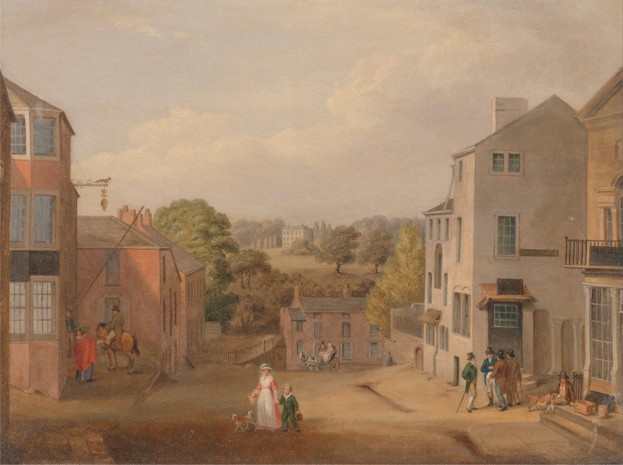 Street Scene i Chorley, Lancashire, med utsikt över Chorley Hall av John Bird of Liverpool