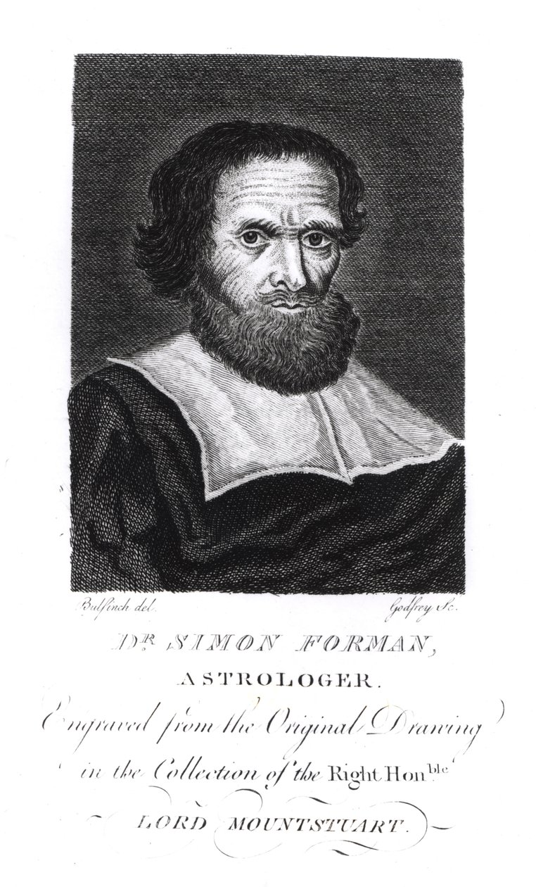 Porträtt av Dr Simon Forman (1552-1611) graverad av Godfrey (bw foto) av John Bulfinch