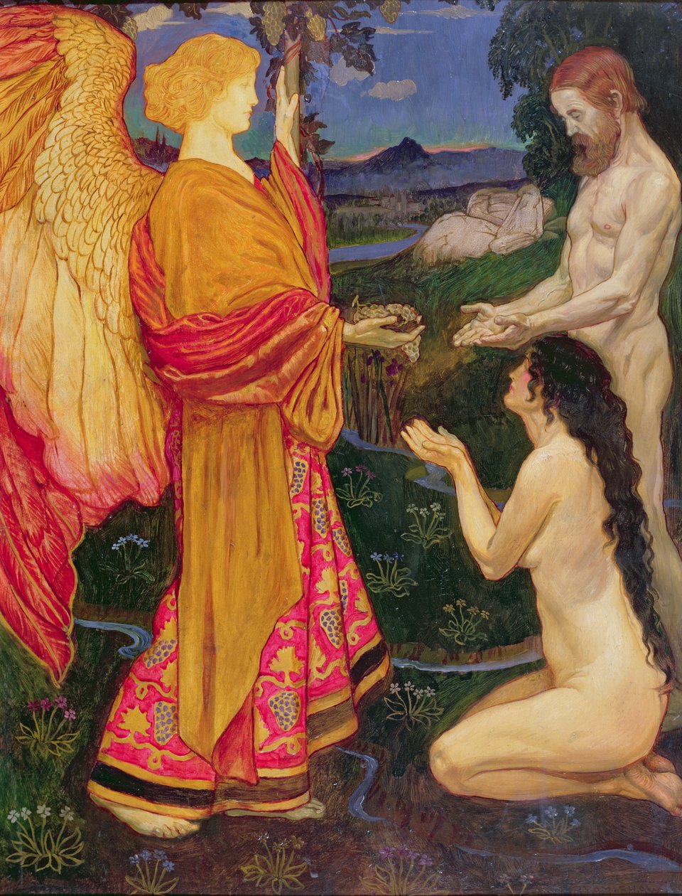Ängeln som erbjuder Adam och Eva frukterna från Edens lustgård. av John Byam Liston Shaw