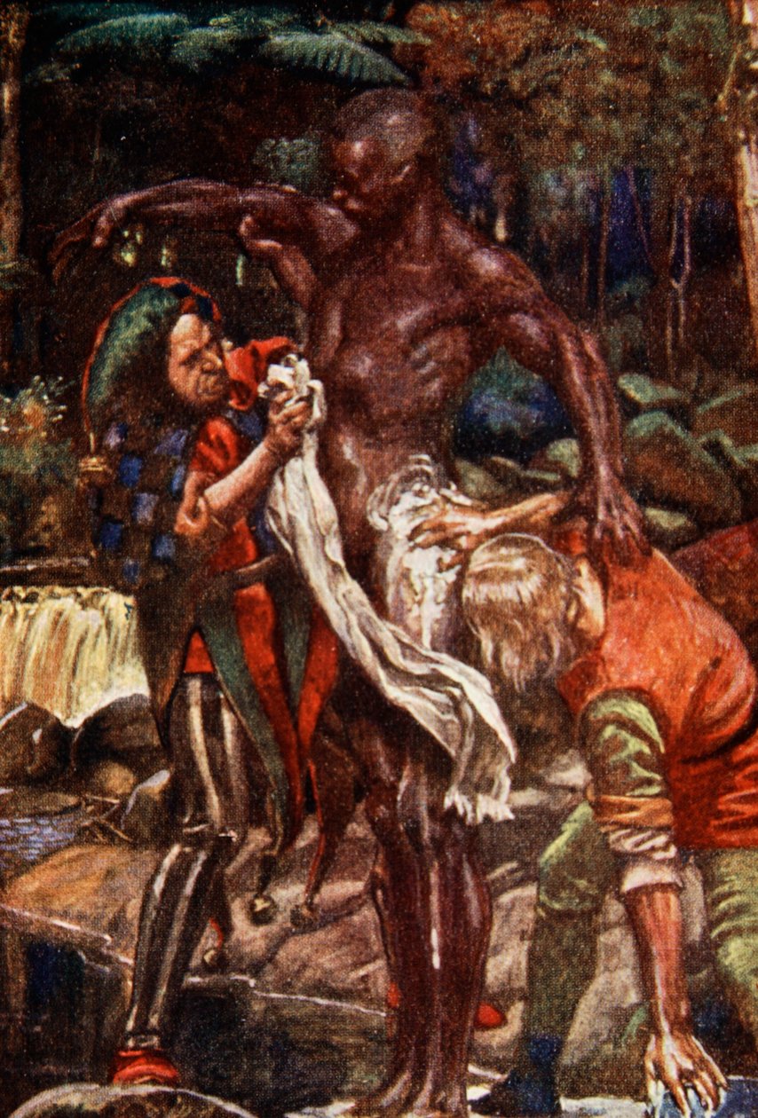 De såg en man som hette Fool, och en annan som hette Want-Wit, tvätta en man som kom från ett land där alla män var svarta, illustration från 