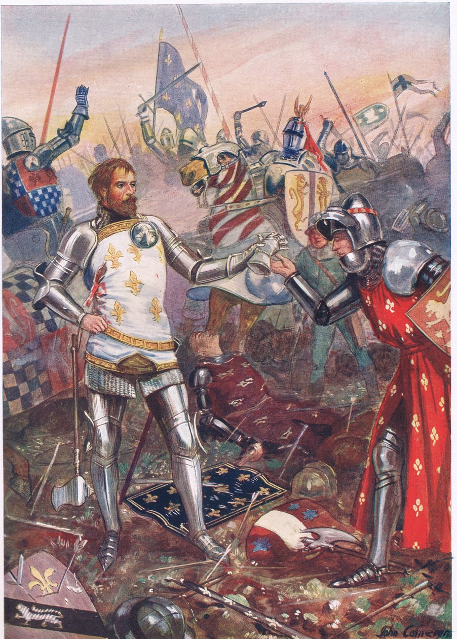 Johannes II av Frankrikes kapitulation i slaget vid Poitiers, illustration från "British Battles on Land and Sea", utgiven av Cassell, London, omkring 1910. av John Cameron
