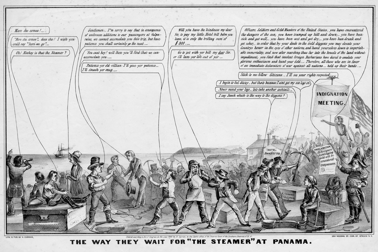 Sättet de väntar på The Steamer at Panama, publicerad av N Currier, New York, 1849 av John Cameron