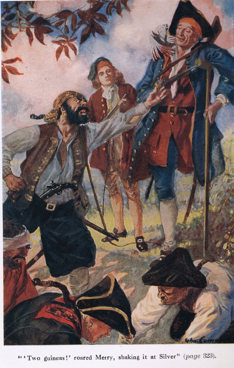 Två guineas ropade Merry och skakade den mot Silver, illustration från "Treasure Island" av Robert Louis Stevenson av John Cameron