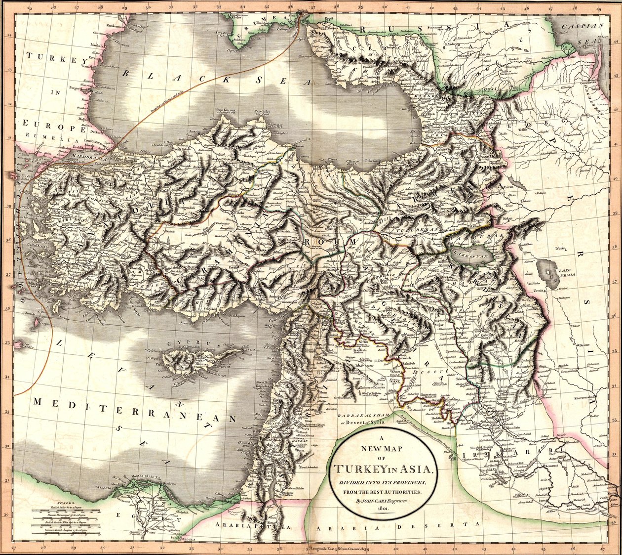 En ny karta över Turkiet i Asien, uppdelad i dess provinser, från de bästa myndigheterna. av John Cary