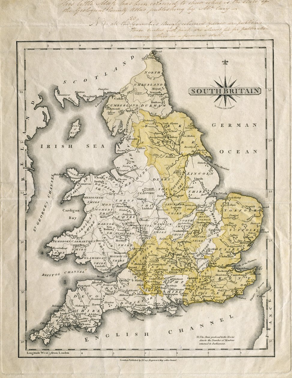 Karta över södra Storbritannien, färgad för att visa geologiska områden av intresse, kommenterad av William Smith (1769-1839) av John Cary