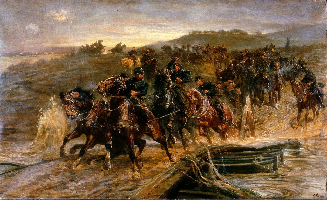 Franskt artilleri som korsar den översvämmade Aisne och räddar vapnen, 1915 av John Charlton