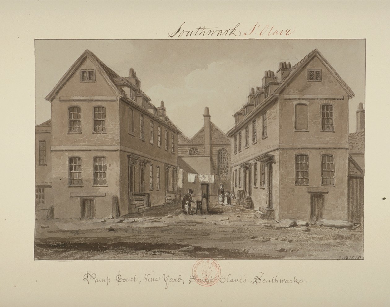 Vy över en figur som samlar vatten i Pump Court, Vine Yard, Bermondsey, 1828 (tvätt på papper) av John Chessell Buckler