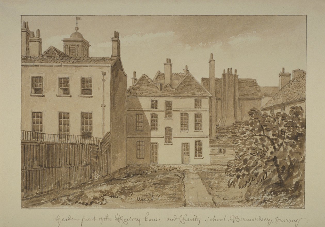 Utsikt över prästgården och välgörenhetsskolan i St Mary Magdalen, Bermondsey, 1828 (tvätt på papper) av John Chessell Buckler