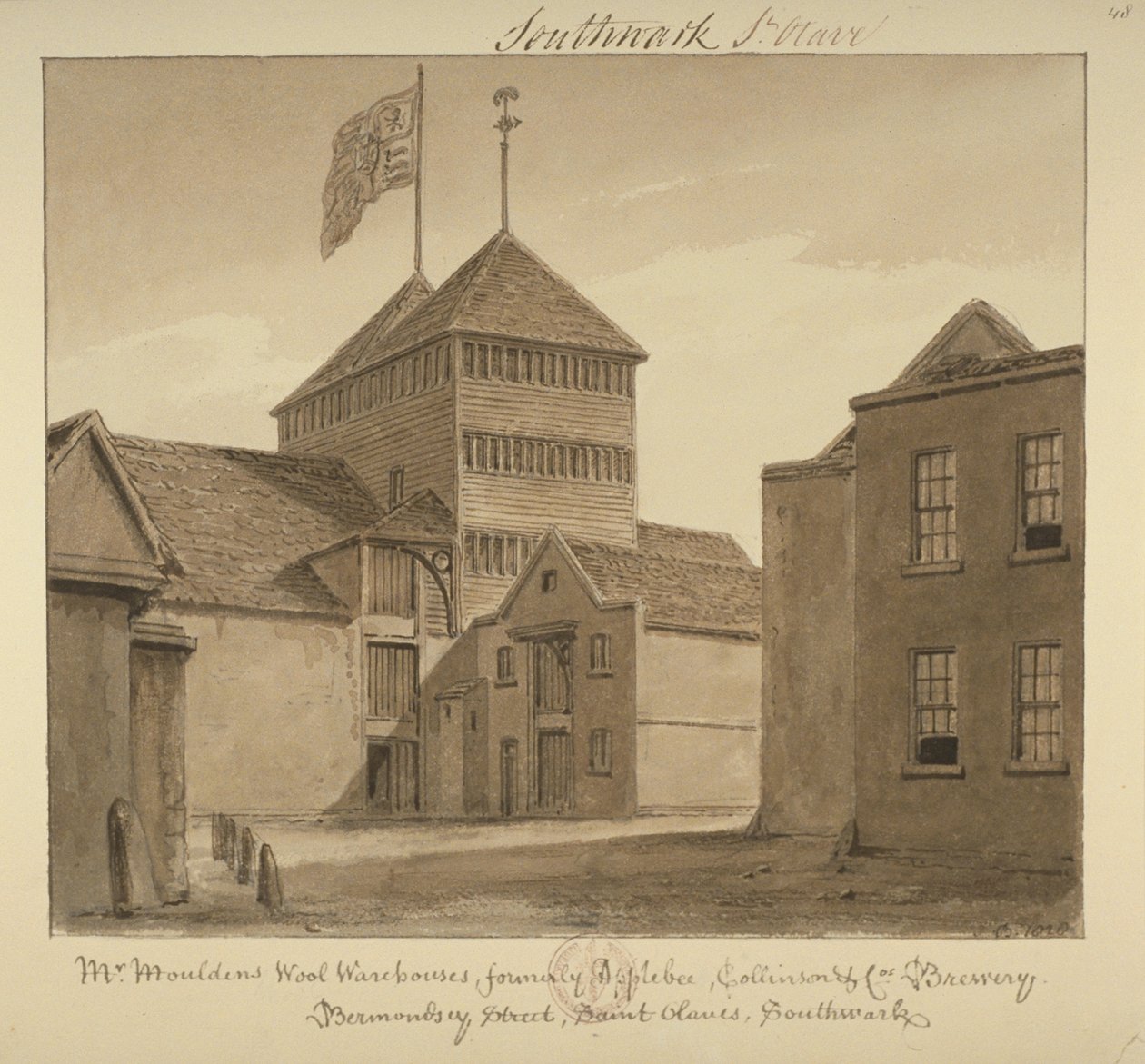 Vy över ullmagasin på Bermondsey Street, 1828 (tvätt på papper) av John Chessell Buckler