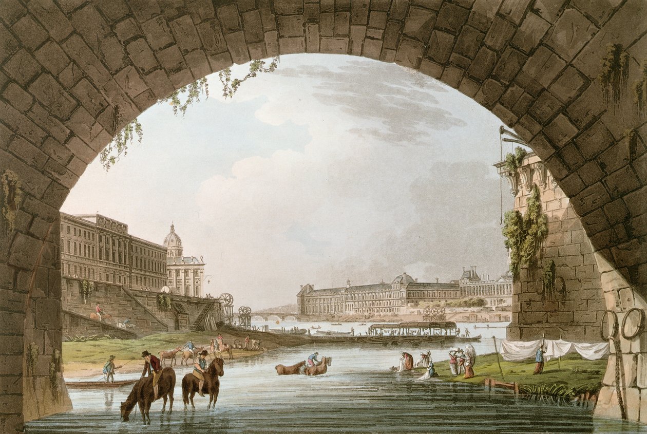 Panorama över floden Seine från Pont Neuf med västlig riktning mot Louvren, La Monnaie och College de Quatre Nations, illustration till "Versailles, Paris et Saint-Denis" av eller av John Claude Nattes