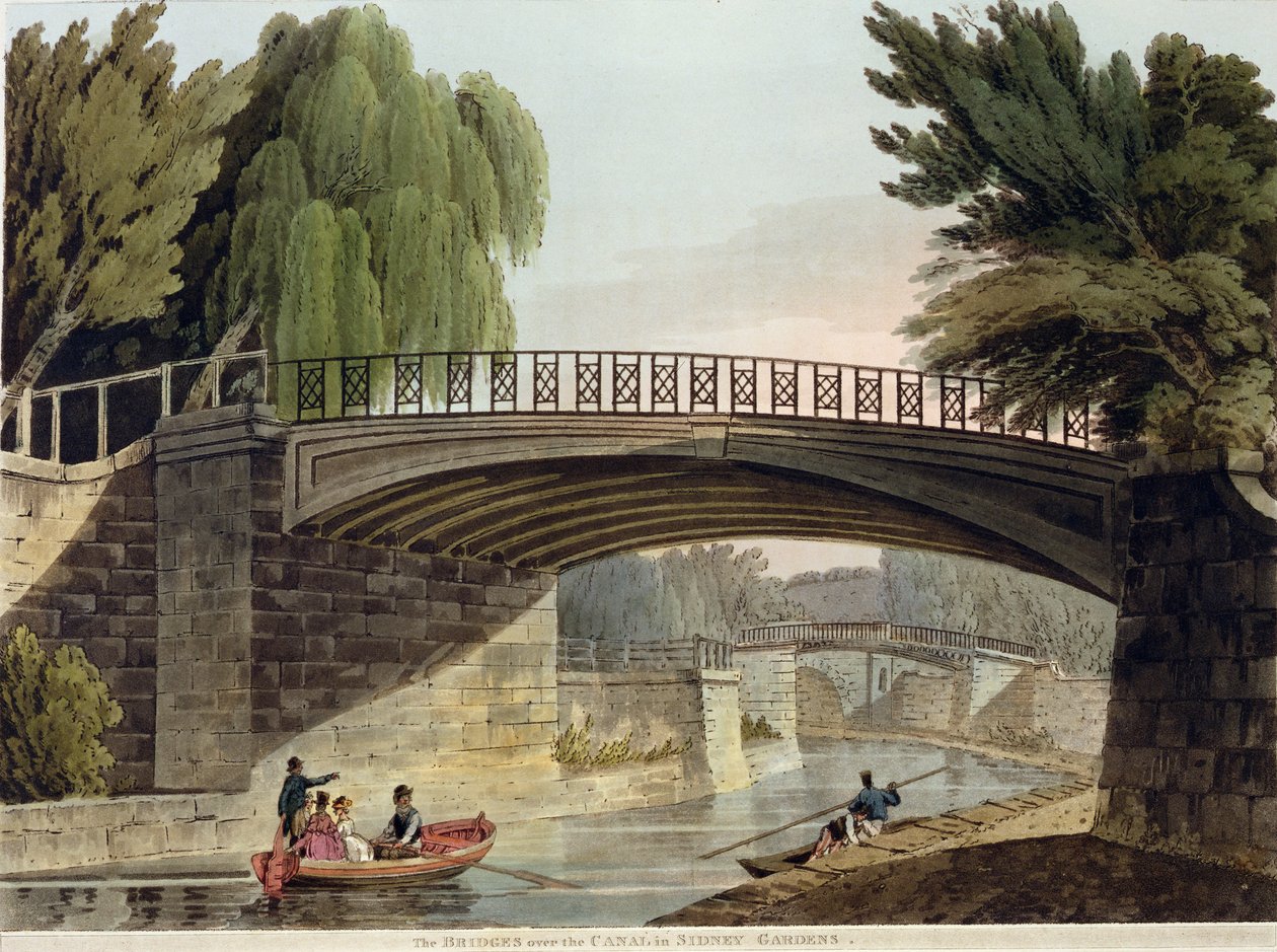 Broarna över kanalen i Sydney Gardens, från "Bath Illustrated by a Series of Views", graverad av John Hill (1770-1850), utgiven av William Miller, 1805 (akvatint). av John Claude Nattes