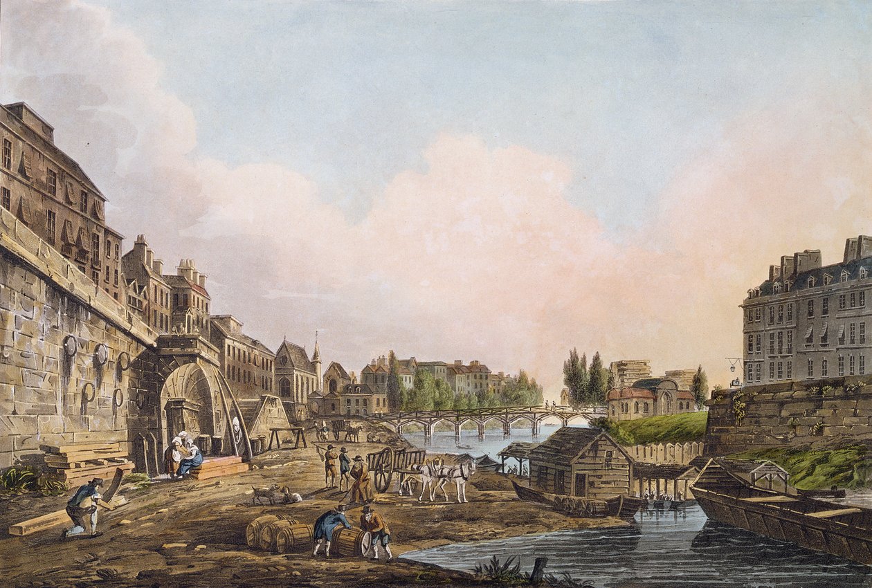 Utsikt över Seine under en båge av Pont Notre-Dame, 1805 (färgad akvatint) av John Claude Nattes