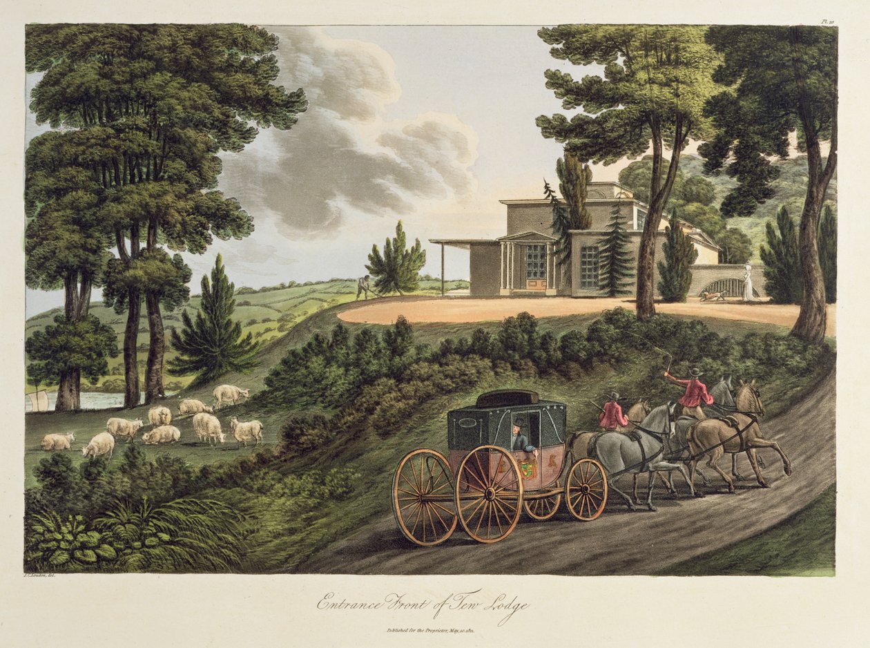 Entrance Front to Tew Lodge, illustration från Observations on Laying Out Farms in the Scotch Style, publicerad 1811 (akvatint) av John Claudius Loudon