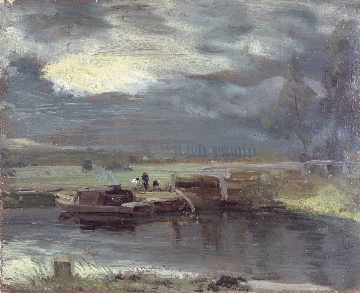 Pråmar på Stour med Dedham Church i fjärran, 1811 (olja på papper på duk) av John Constable