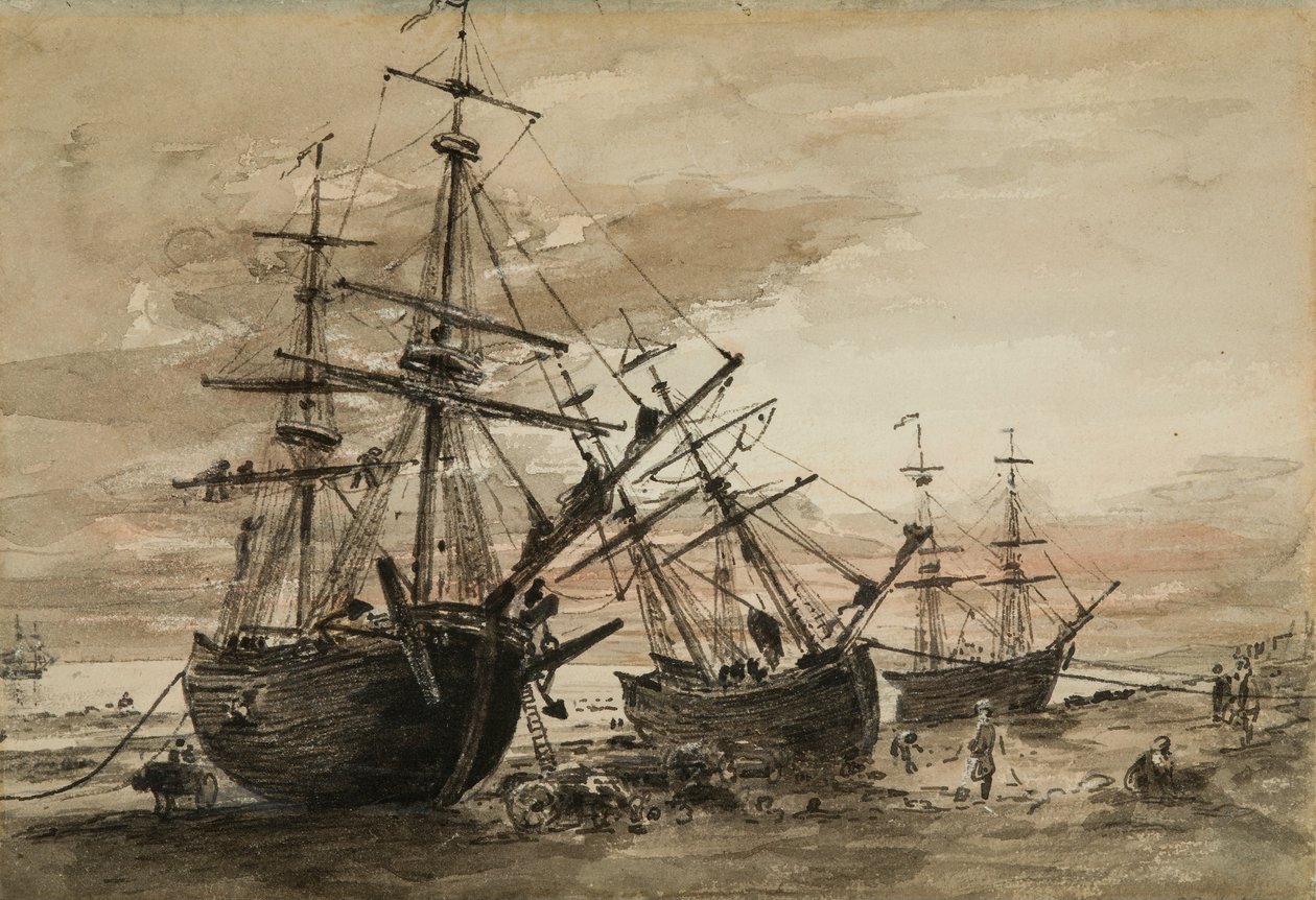 Kolbåtar på Brighton Beach, ca 1824 (wc över svart bly på papper) av John Constable